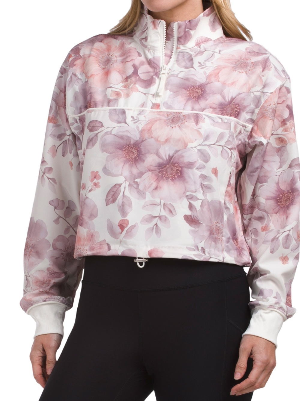 Mondetta Floral Half-Zip Pullover Top in Blush Pink